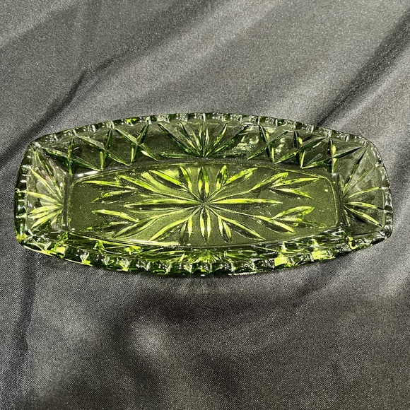 Hazel Atlas Ware Presscut Avocado Green Oblong Serving Butter Dish Trinket Tray - Picture 2 of 6